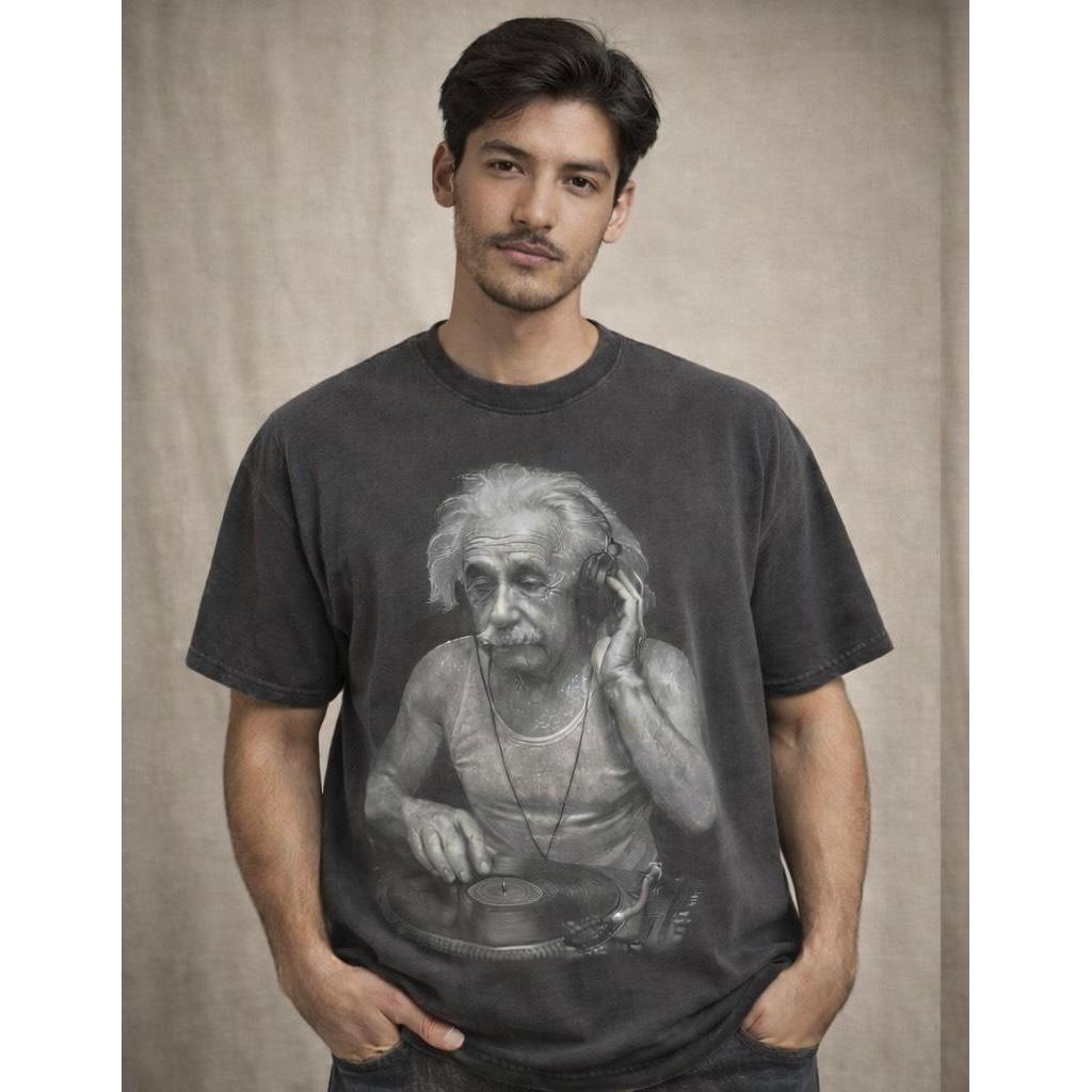 เสื้อยืดลาย ไอน์สไตน์ใส่หูฟัง (Einstein DJ Vintage Tee)ผ้าฟอก