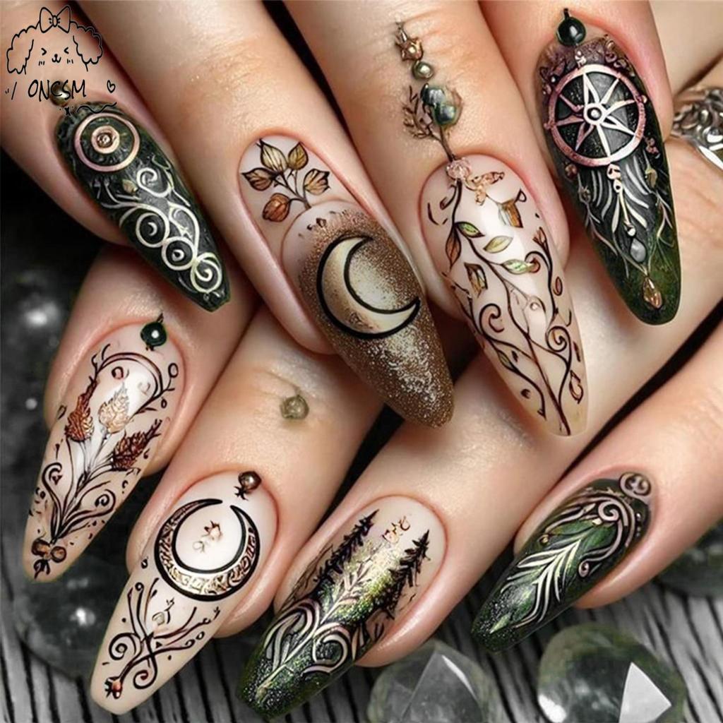 Mandala Style Nude Press on Nails Previling Natural Look Press-On Nail Set for Working Dating หรือปา