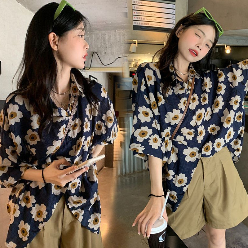 Cuties❤️ w259 เสื้อฮาวายแขนสั้น  ผ้าไหมอิตาลี  เสื้อเกาหลีลายดอกทรงหลวมแฟชั่น