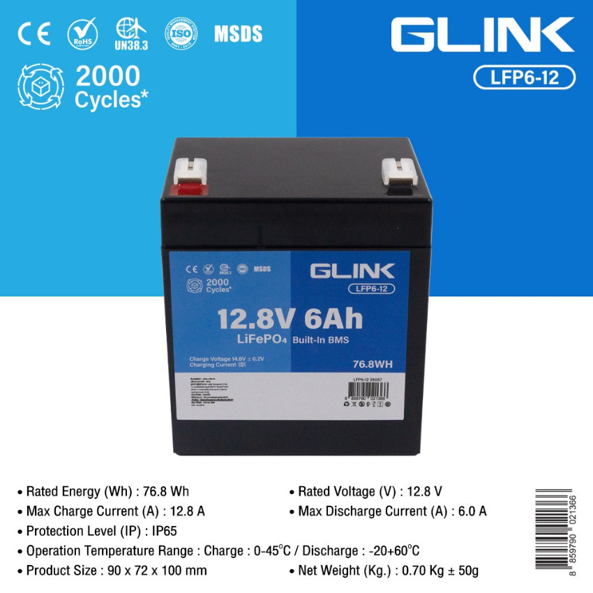 GLINK แบต LiFePO4 12.8V 6Ah รุ่น LFP6-12 แบตเตอรี่ลิเธียม อายุการใช้งานยาว