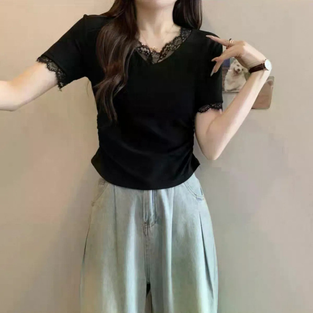 ลูกไม้ลูกไม้คอวีแขนสั้นเสื้อยืดผู้หญิงบวกขนาดเกาหลีสั้นเสื้อยืดผู้หญิงฤดูร้อนด้านบน