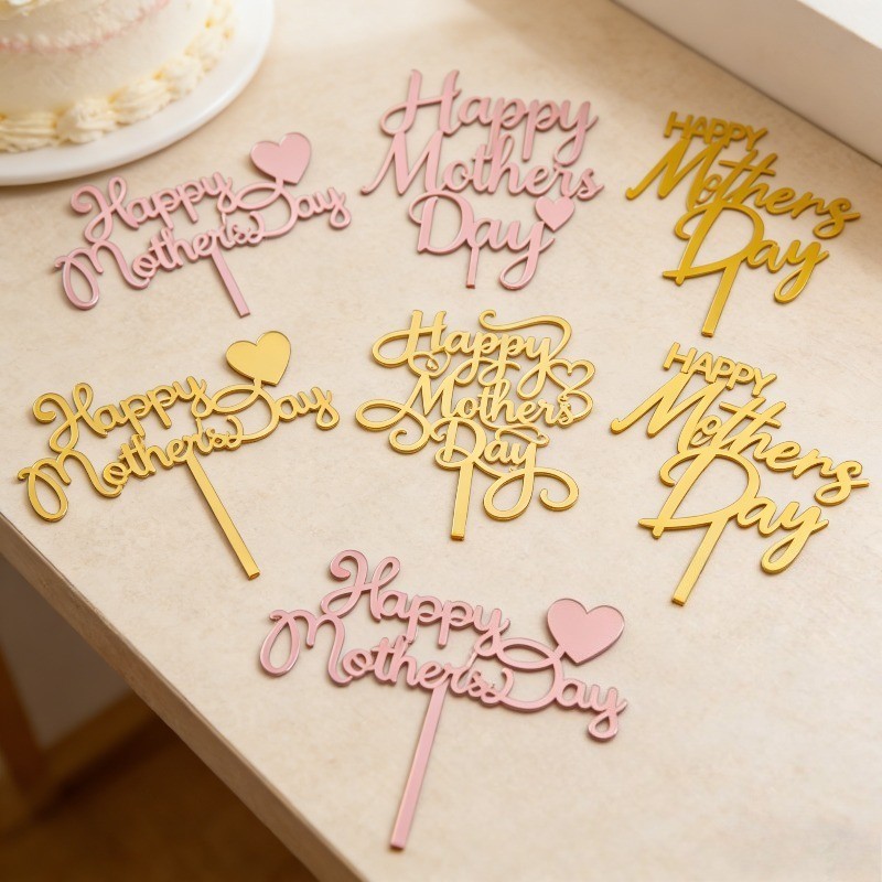Gold & Pink Mothers Day Cake Toppers Set – Happy Mothers Day Heart Shaped Decor