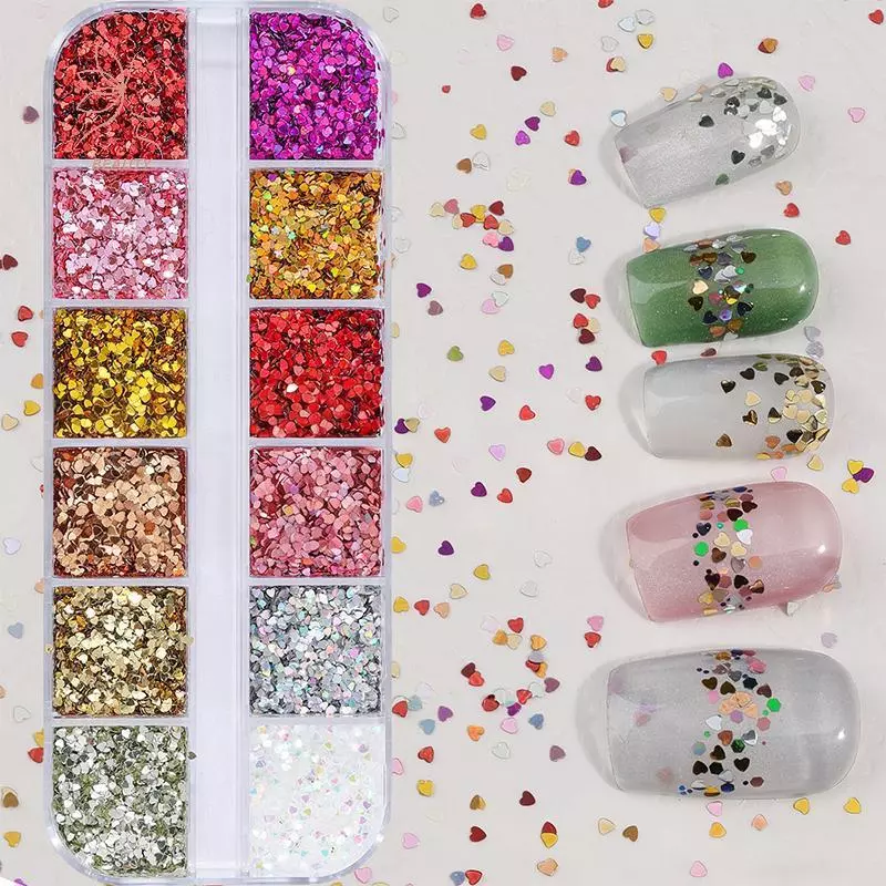 [maybeauty] 12 กริดผสม Star Heart Nail Glitter 1 มม.Star เลื่อมเล็บ DIY สีสันประกายเล็บ Charms อุปกรณ์ตกแต่งเล็บ {TH}