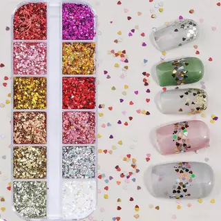 [maybeauty] 12 กริดผสม Star Heart Nail Glitter 1 มม.Star เลื่อมเล็บ DIY สีสันประกายเล็บ Charms อุปกรณ์ตกแต่งเล็บ {TH}