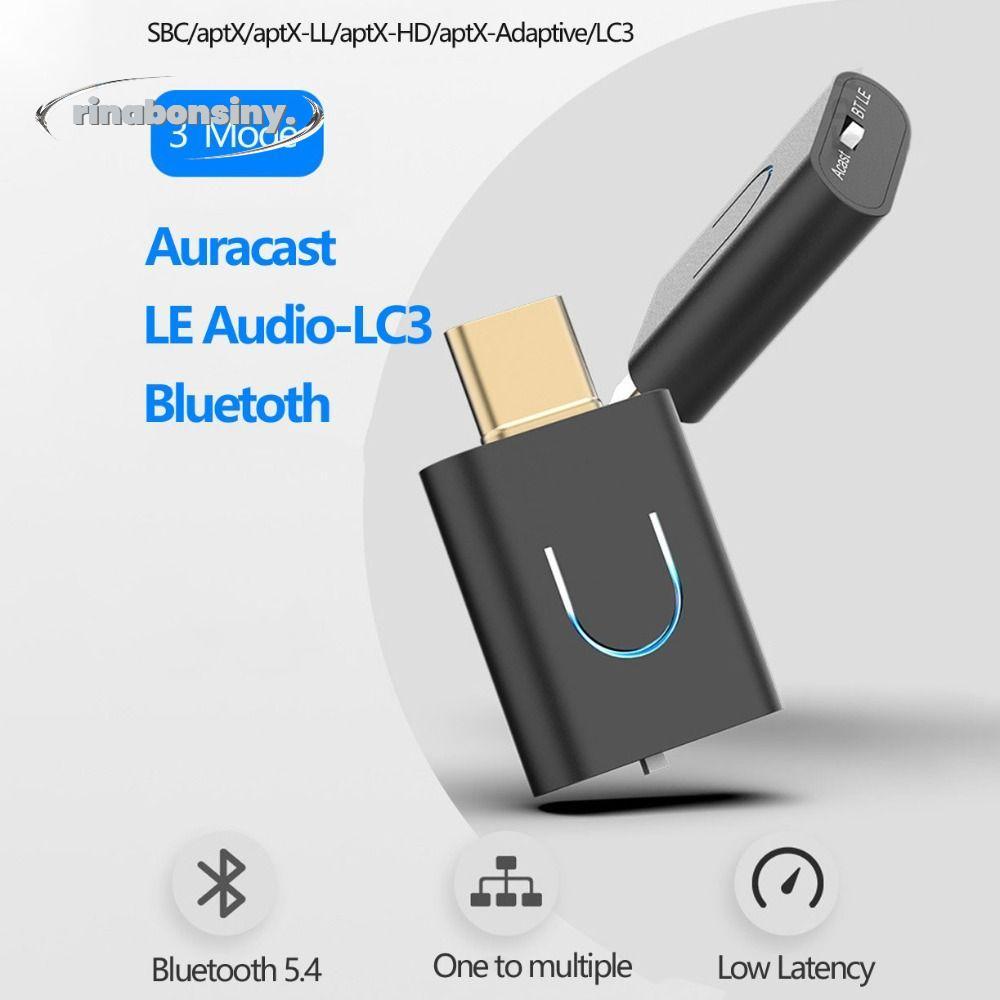 RINABONSINY Type-C อะแดปเตอร์สเตอริโอไร้สาย, LC3 พร้อม Auracast Bluetooth 5.4 เครื่องส่งสัญญาณเสียง, Professional Low Latency aptX-LL/HD LE เครื่องส่งสัญญาณเสียงสําหรับ PS4/PS5 PC TV