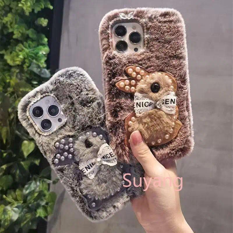 SAMSUNG Luxury Rhinestone Pearl Warm Plush Bunnyเคสโทรศัพท์สําหรับSamsung Galaxy S26 S25 Ultra S24 FE S23 A06 A16 A26 A36 A56 A15 A07 A17 A37 A57