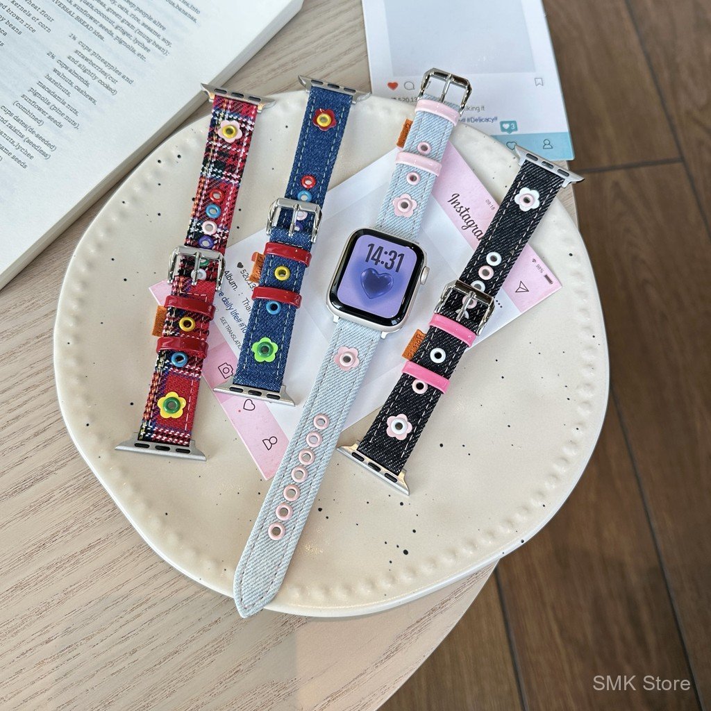 สายหนังผ้าใบ Fine Flower เหมาะสําหรับ Apple Watch iwatch11 Generation987654อัลตร้า/ซี