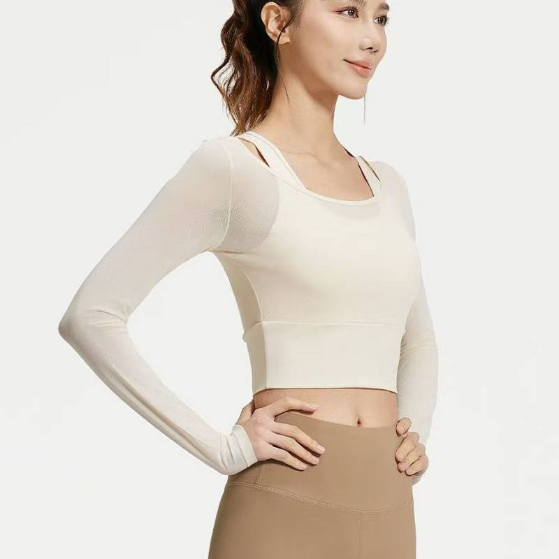 Yoga Clothes Women's Fake Two-Piece Halter Sports Top with Chest Pad Tight Long Sleeve Fitness Cloth