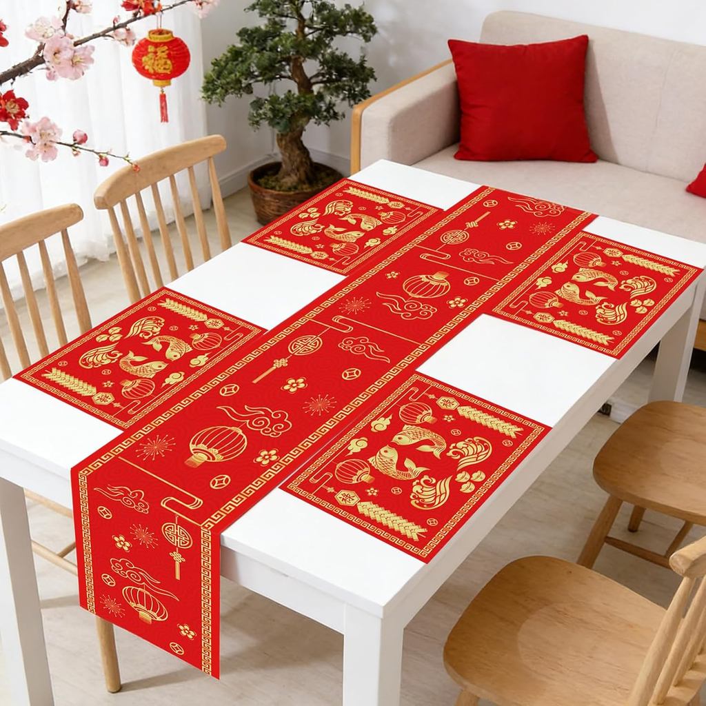 YVAINE 5 ชิ้นตกแต่งตรุษจีน 2026 Lunar New Year Placemats และตาราง Runner, เทศกาลฤดูใบไม้ผลิห้องครัวร