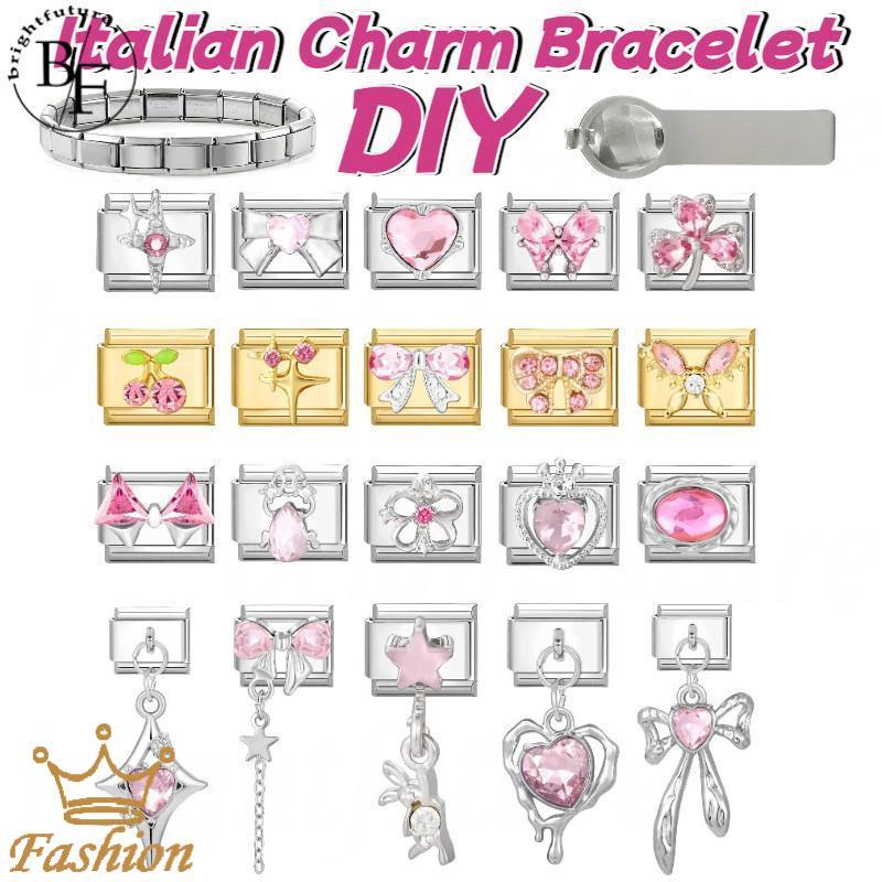 สร้อยข้อมือสแตนเลส เพชรสีชมพู Italian Charm Fit 9 มม., อุปกรณ์เสริม DIY และ Retro