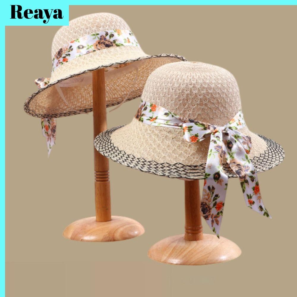 Reaya หมวกชาวประมง, ลูกไม้โบว์ชายหาดวันหยุดผู้หญิงหมวกกันแดด, ป้องกัน UV Casual Travel หมวกชายหาดฤดูร้อน