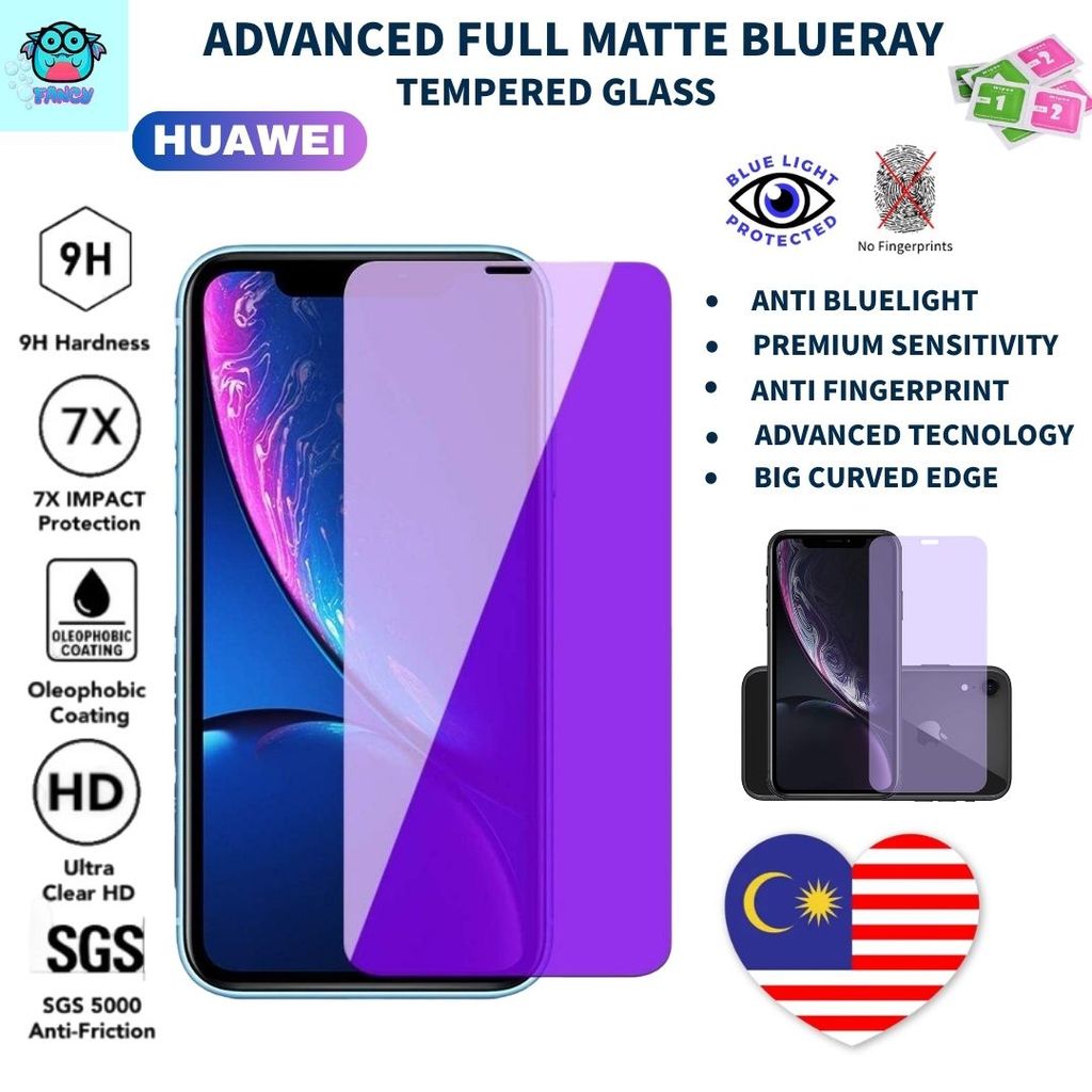 ขั้นสูง Matte Blueray HUAWEI Nova 5T,2i,2Lite,3,3i,4,4E,7i,7SE,Y5P,Y6P,Y7P,Y9S,P,P40 กระจกนิรภัยป้อง