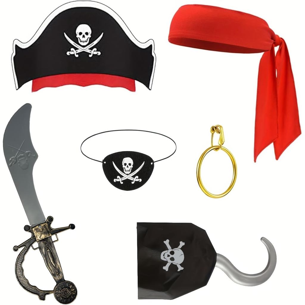 6 ชิ้น Pirate Accessories Kit สําหรับผู้ชายพร้อมหมวก, Bandana & Pirate Eye Patch Captain Hook สําหรั