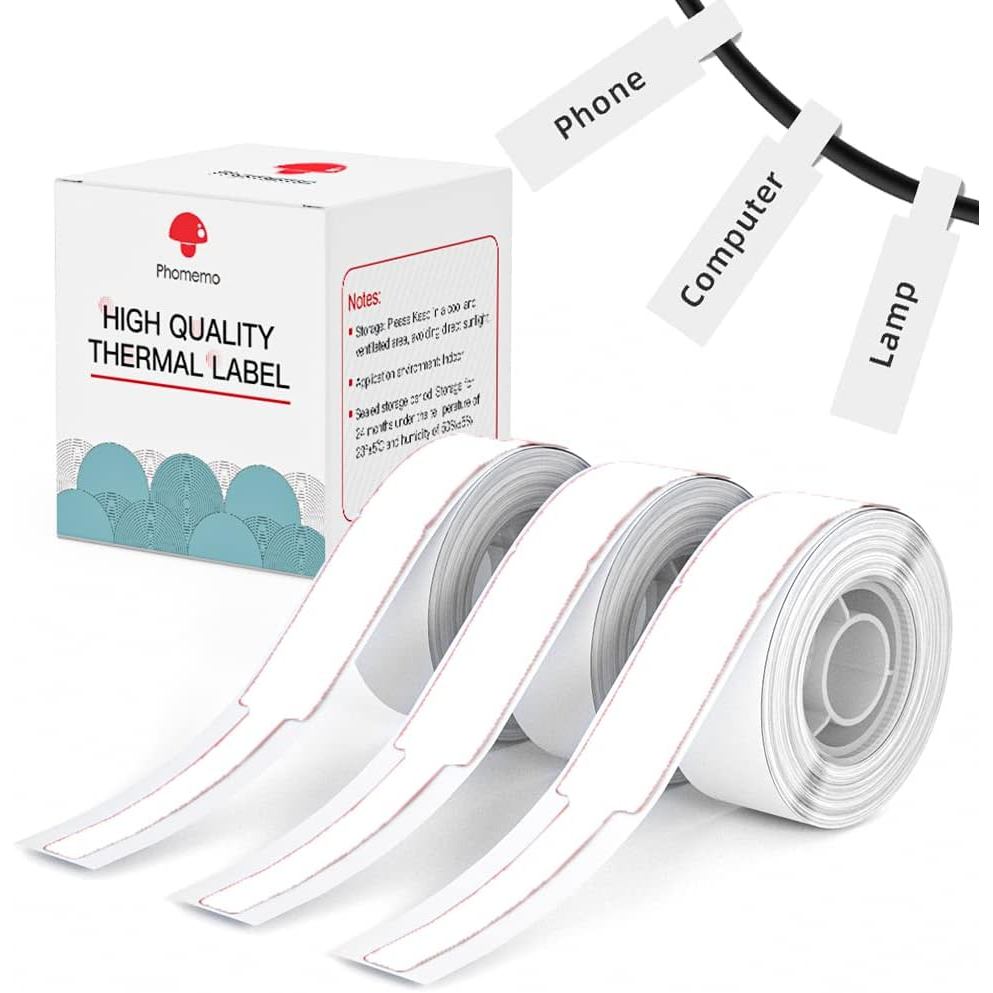 Phomemo D30 Label Maker Tape Cable Wire Label Tape, สีดําพิมพ์บนสติกเกอร์สีขาว, 12.5mm x 74mm+35mm (