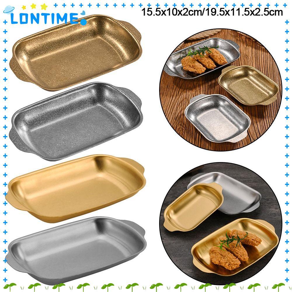 LONTIME ถาดสเต็ก, การออกแบบหูคู่จานขนมสแตนเลส, จานบาร์บีคิววินเทจเรียบง่าย Home Kitchen