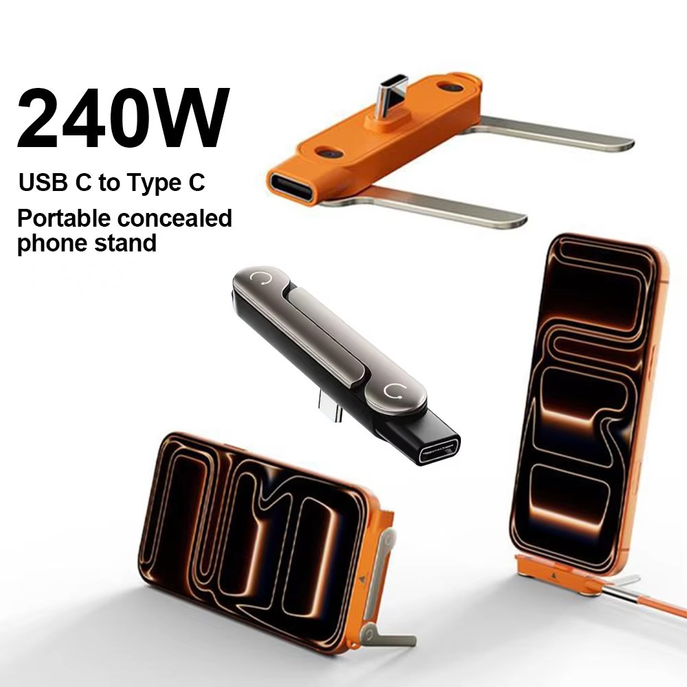 Elough PD240W 2 in 1 Type C Female to Type C Male Converter Adapter Built with Folding Vertical Phone Stand Holder Orange Black
