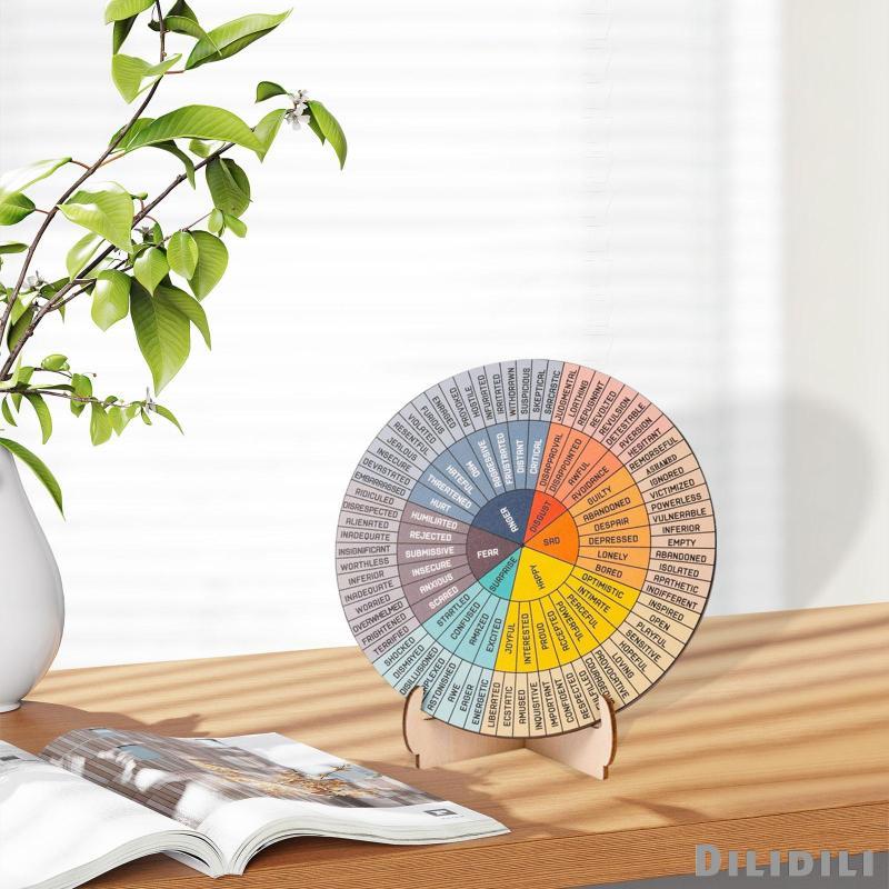 [Dilidili] Feeling Wheel Wood Feelings จิตวิทยารอบ Emotion แผนภูมิล้อพร้อมขาตั้งของขวัญสําหรับห้องนั
