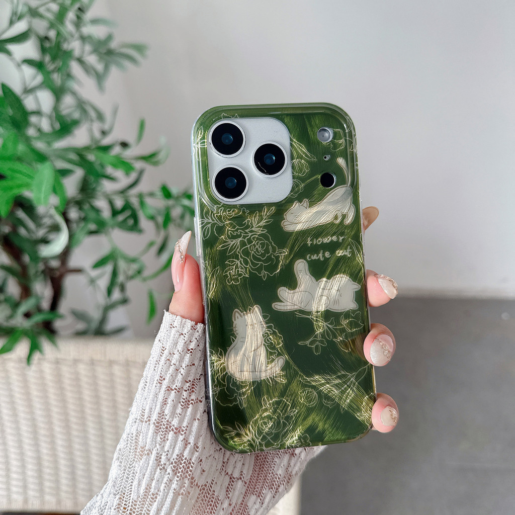 สําหรับ iphone17ProMax เปลือก 5D11 แมวเขียว IMD สองชั้น + สร้อยข้อมือ iPhone16ProMax