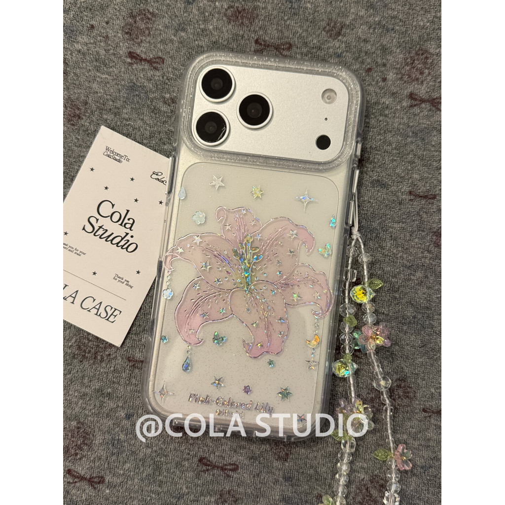 เคสน่ารักสองชั้นโปร่งใส Golden Glitter Lily ดอกไม้รูปแบบขอบรอบกันกระแทกป้องกันกล้องสําหรับ iPhone 17 Pro Max 16 Pro 15 14 Pro