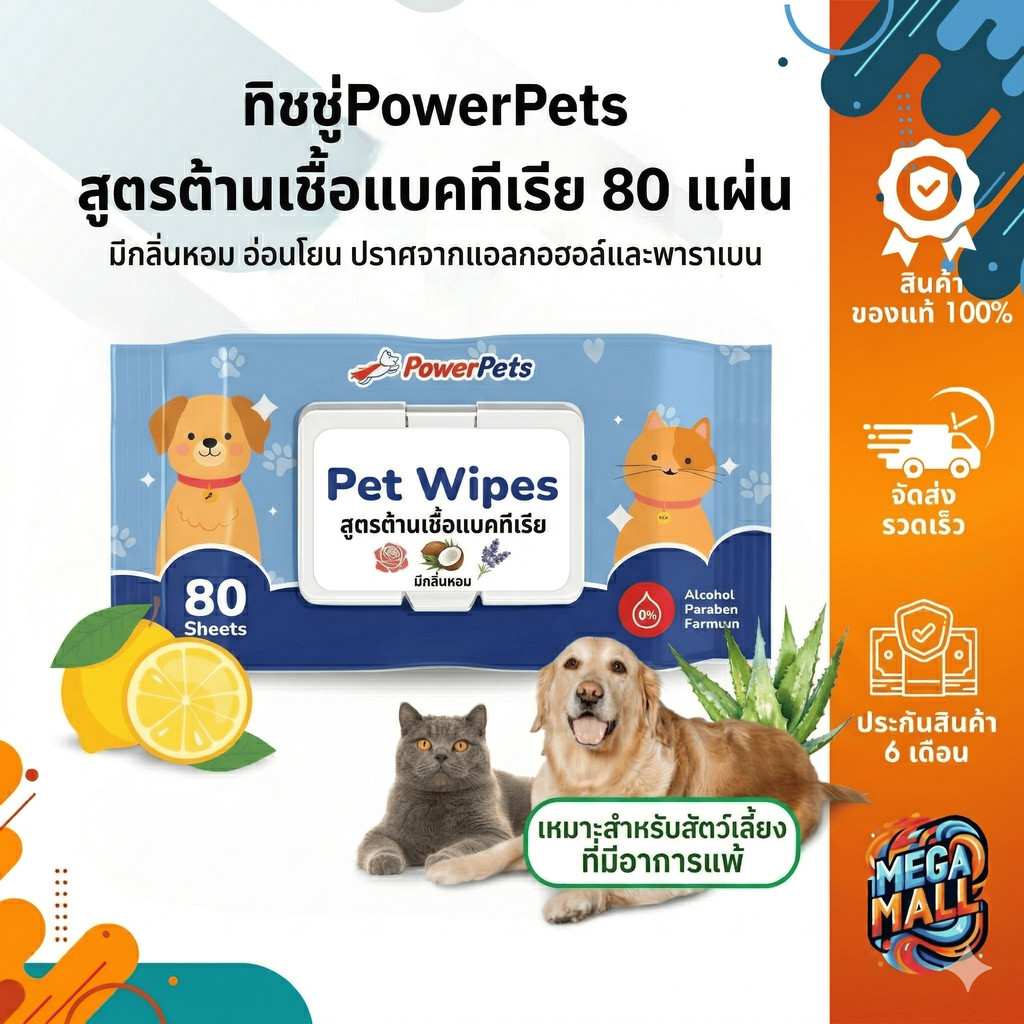 ทิชชู่เปียกสำหรับสัตว์เลี้ยง แบรนด์ PowerPets  สูตรต้านเชื้อแบคทีเรีย 80 แผ่น ปราศจากแอลกอฮอล์