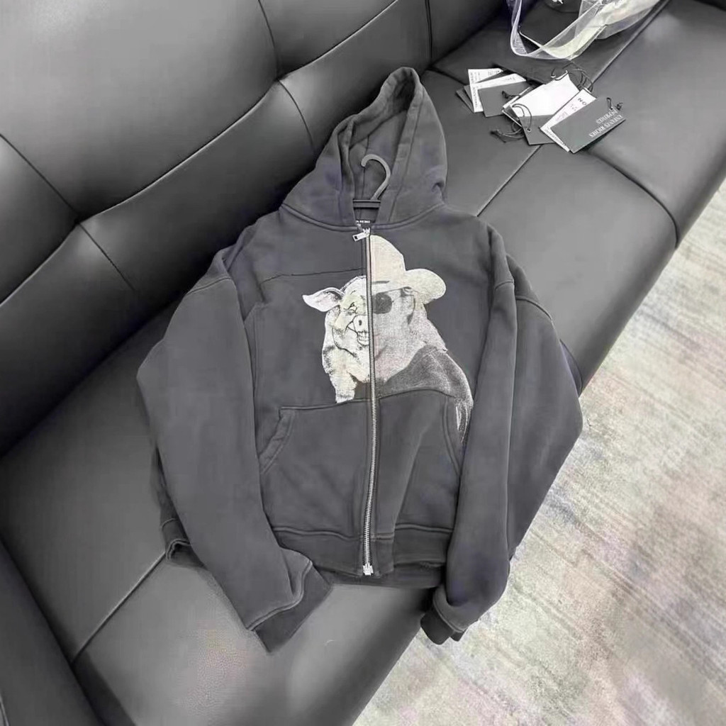 P7QE ERD* Pig-man patchwork print zip-up vintage hoodie sweatshirt loose-fitting couple's jacket for