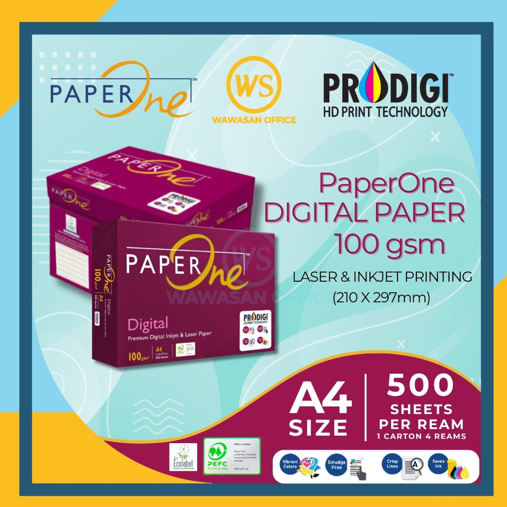 Paper One A4 Paper 100gsm / Kertas A4 / กระดาษถ่ายเอกสาร - 500 แผ่น ( 1 รีม / 1 กล่อง )