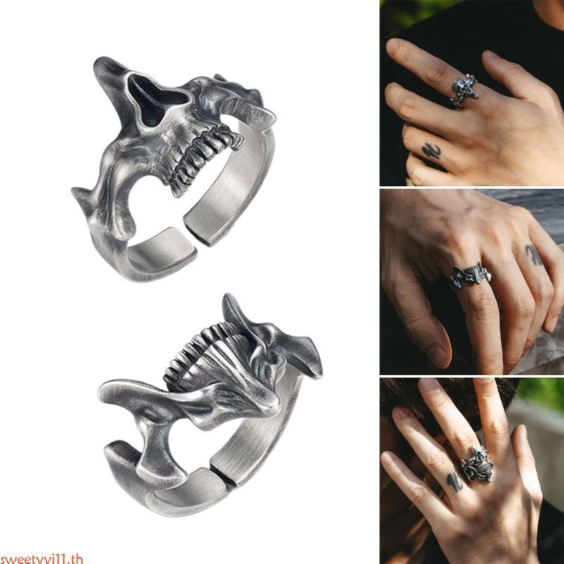 Sweetyvi1 Vintage Silver Skull แหวนผู้ชาย Punk Gothic Skull แหวน Vintage เงินสีดํา Cool แหวนเครื่องประดับอุปกรณ์เสริม