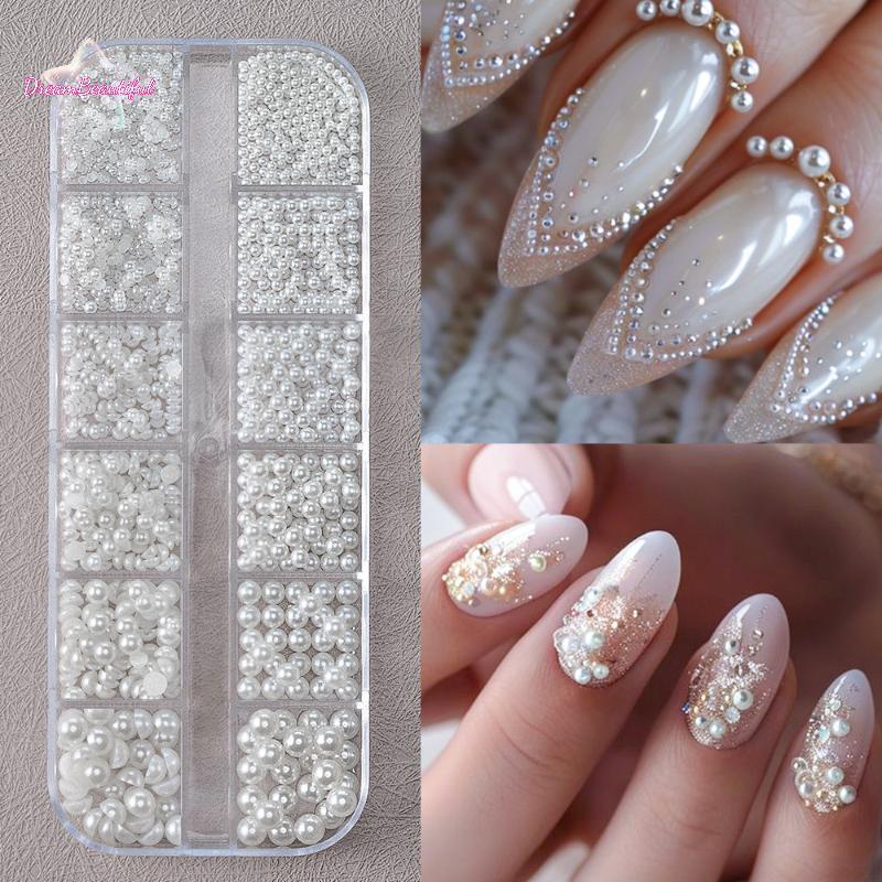 <DBFl-t>เล็บ Pearl Charms ชุด 12 กริดสีขาวรอบและครึ่งรอบลูกปัด DIY เล็บตกแต่งสําหรับแฟชั่นปลายนิ้วใหม่