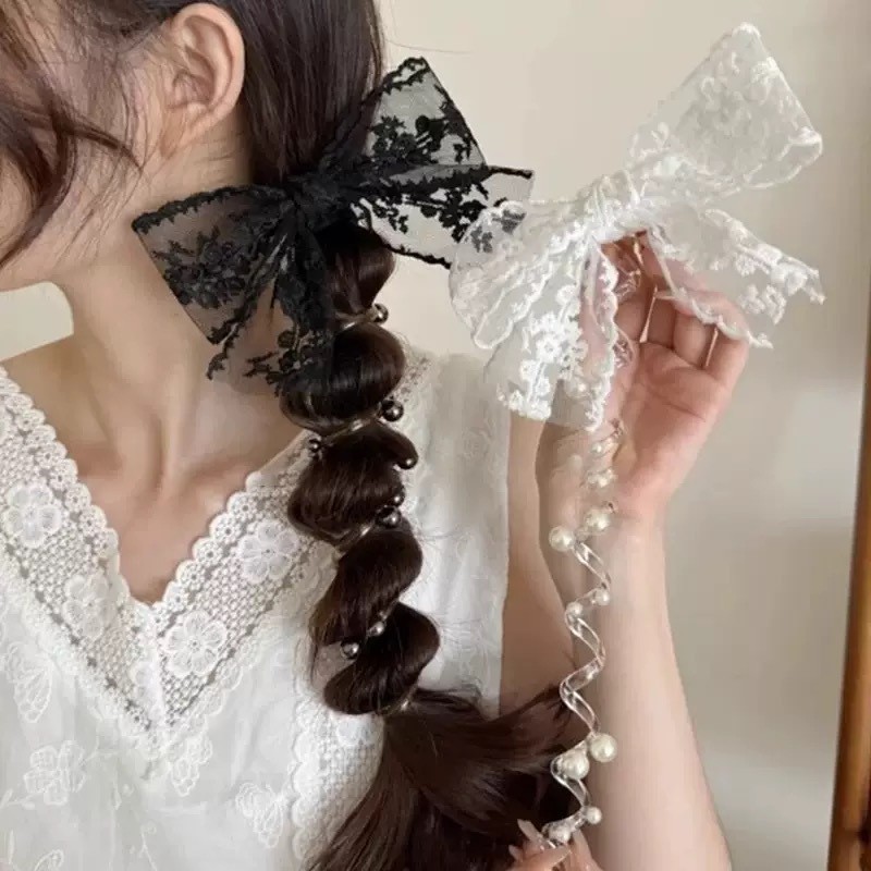 อุปกรณ์จัดผมหางม้าต่ำพร้อมโบว์ตกแต่งผมและสร้อยผมลูกปัด