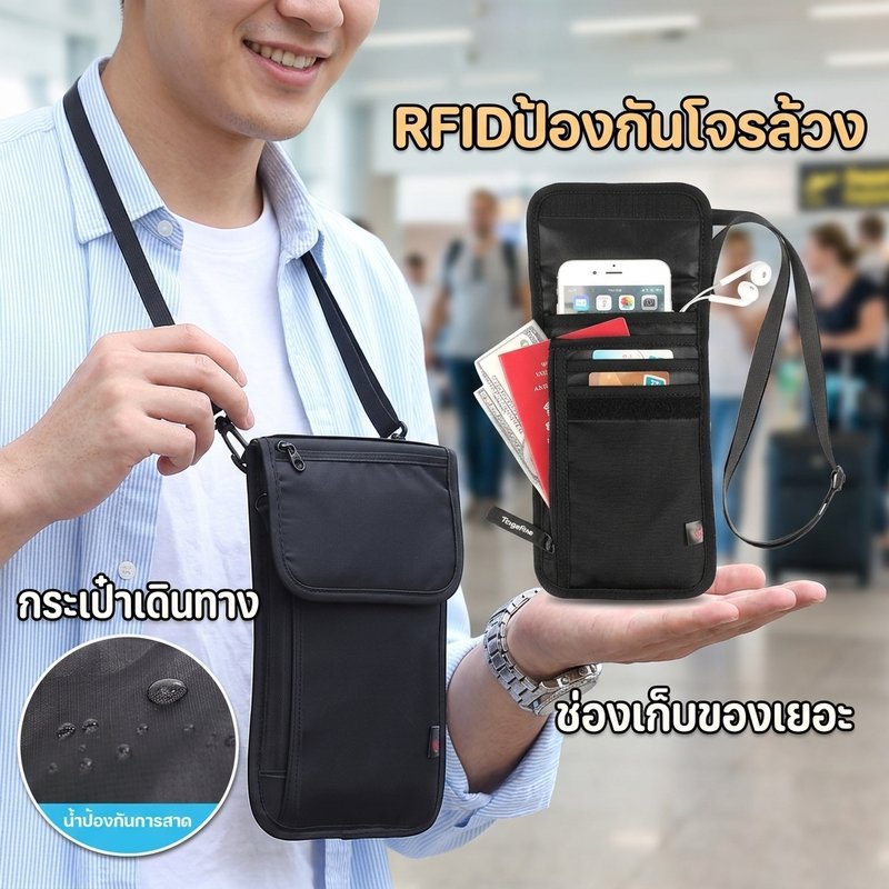 กระเป๋าซ่อนเงิน กันขโมย ป้องกันRFID กระเป๋าพาสปอร์ต เดินทาง กันน้ำ อเนกประสงค์ ยูนิเซ็กส์