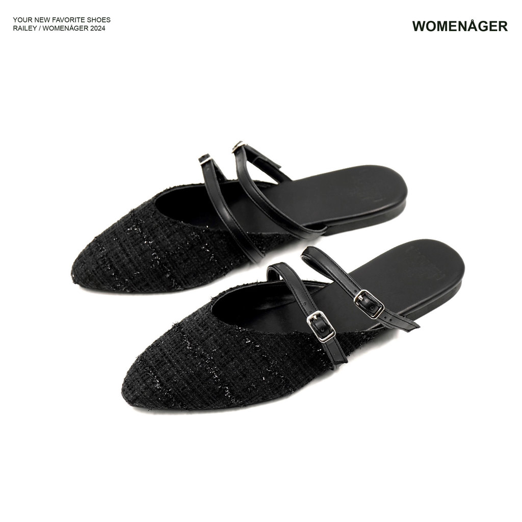 womenager - Railey Black tweed รองเท้าหัวแหลมเปิดส้น