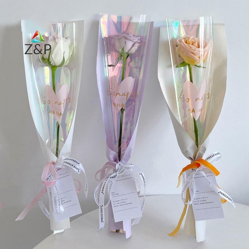 Z&P 10 ชิ้นเดี่ยว Rose แขนดอกไม้ห่อกระเป๋าช่อดอกไม้ถุงบรรจุภัณฑ์ Clear Cellophane ดอกไม้ Wrappers สําหรับวันวาเลนไทน์ COD