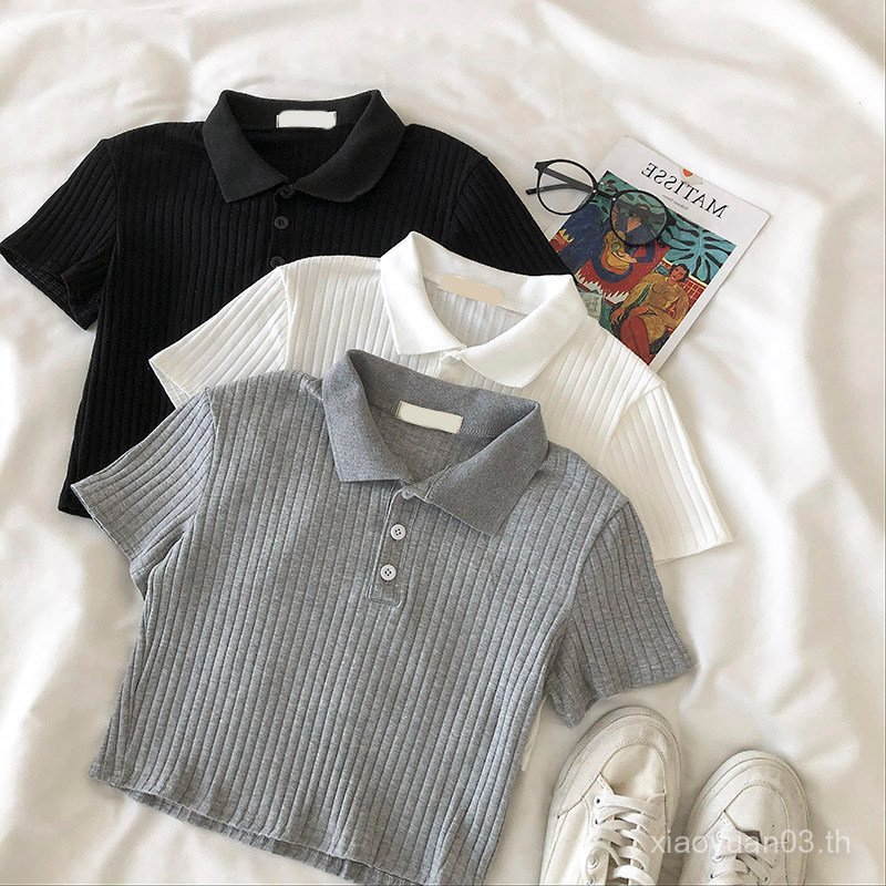 Ins Super Hot Poloคอปกแขนสั้นเสื้อยืดผู้หญิงฤดูร้อนเอวสูงสั้นSlim-Fit Slimmerดูครึ่งแขนTop Pit Strip