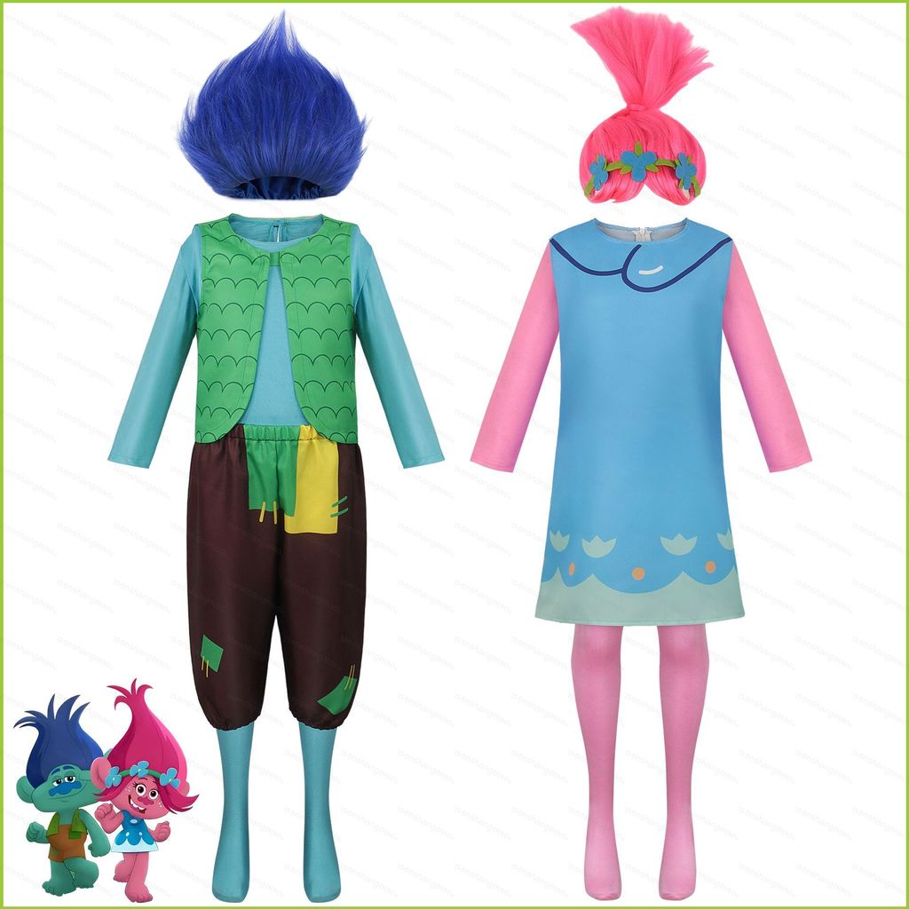 PS2 Trolls สาขา Poppy คอสเพลย์ผ้าสําหรับเด็กหญิงชายฮาโลวีนแสดงเครื่องแต่งกายชุดชุดเสื้อกั๊กกางเกง SP