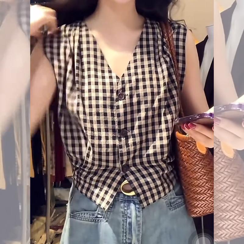 S-XLเสื้อเชิ้ตผู้หญิงคอวีลายสก็อตสีแดงสไตล์เรโทร เสื้อเชิ้ตฤดูร้อนทรงสลิม V，