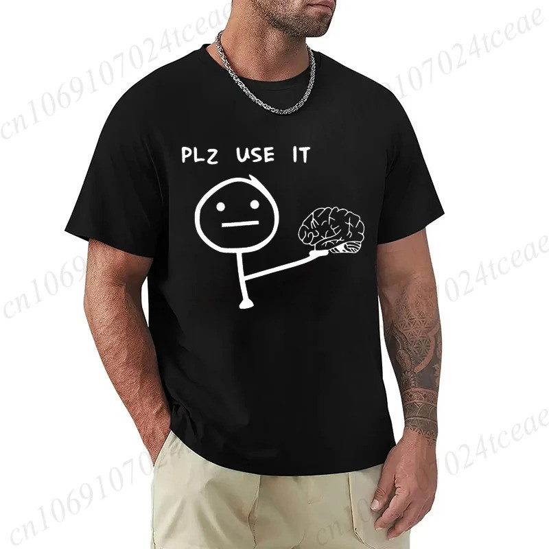 สไตล์เกาหลี国 2026Men Womens Casual Graphic Tee - "Plz Use It" การ์ตูนสมองออกแบบแขนสั้นลูกเรือคอสุภาพ