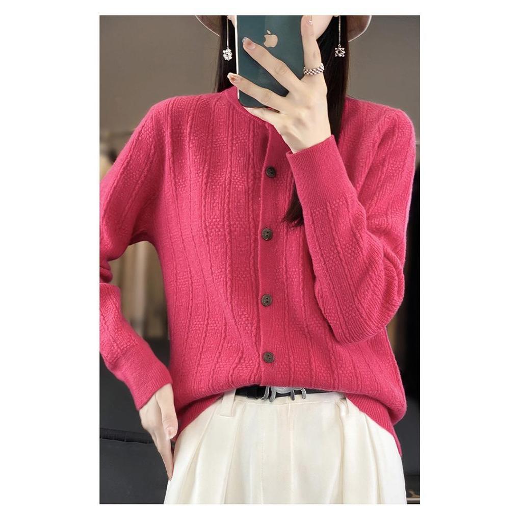 เกาหลี เกาหลี 20262023ปีฤดูใบไม้ร่วงฤดูหนาวรูปแบบใหม่รอบคอขนสัตว์คาร์ดิแกนสุภาพสตรีโครเชต์แขนยาวด้าน