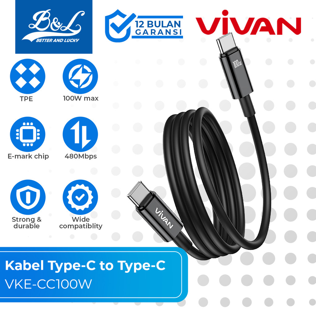 VIVAN VKE-CC100W Type-C ถึง Type-C Data Cable 5A PD 100W E-mark Chip