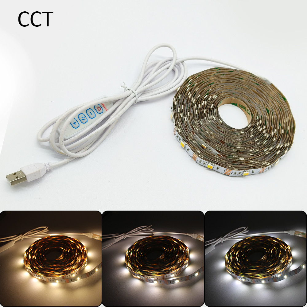 CCT ไฟ LED Strip 5V USB หรี่แสงได้ 30LEDs/m SMD5050 CW WW Dual สีขาวริบบิ้นแบบยืดหยุ่น Mini Controll