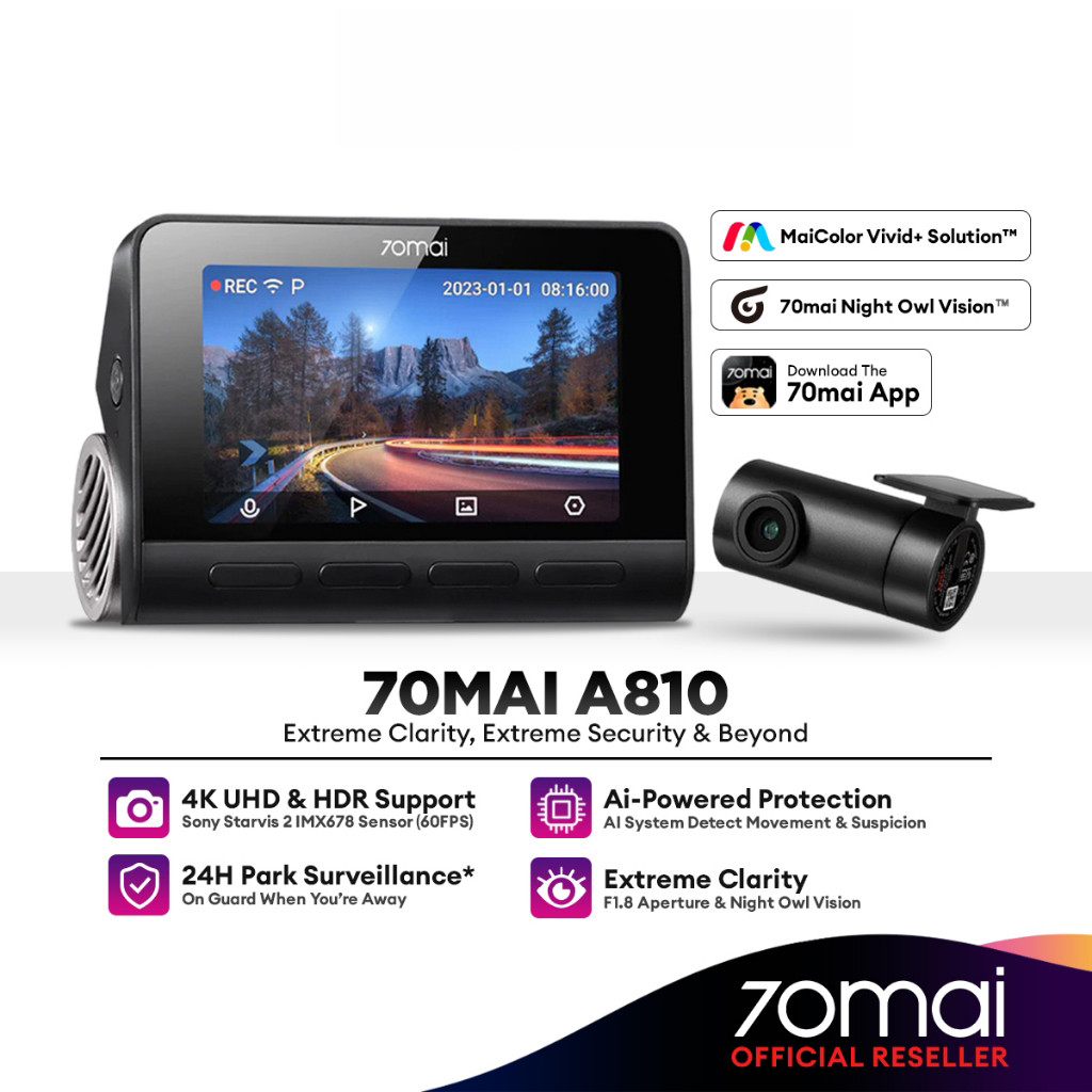 70mai A810 เครื่องบันทึกรถยนต์ Dash Cam 4K UHD พร้อม Sony Starvis 2 IMX678 รองรับการบันทึก Dual Chan