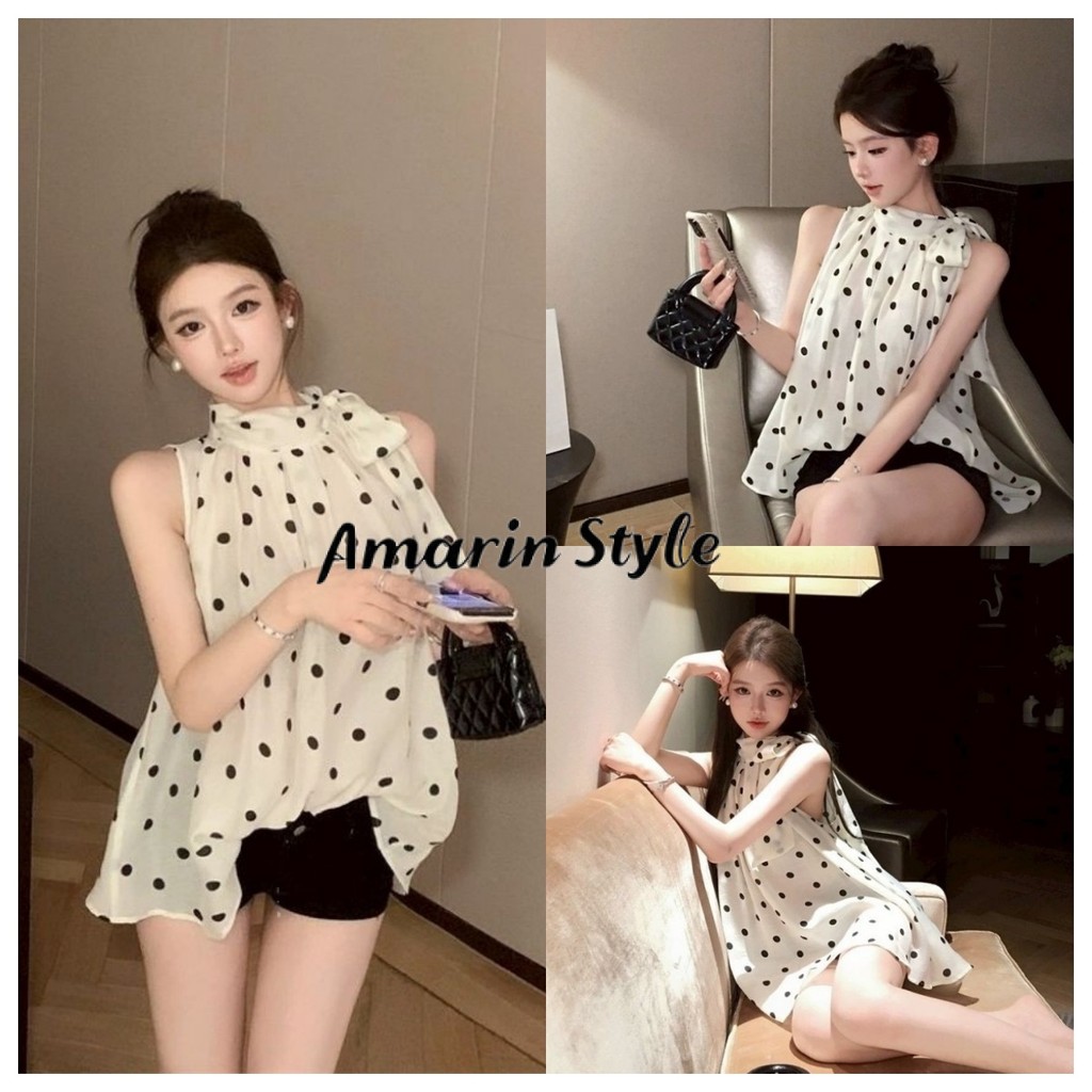 Amarin🌸พร้อมส่ง🌸 เสื้อแขนกุด ลายจุด ผ้าซีทรูสีครีม ผ้าทิ้งตัว ใส่สบาย ไซส์พอดีตัว  FY2916