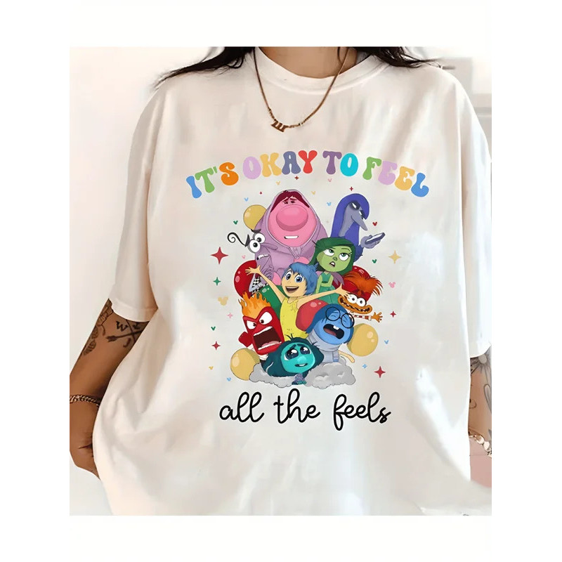 Inside Out Emotions Print 100% T-Shirt for Women – "It's Okay to Feel All the Feels" Design Loose Fi