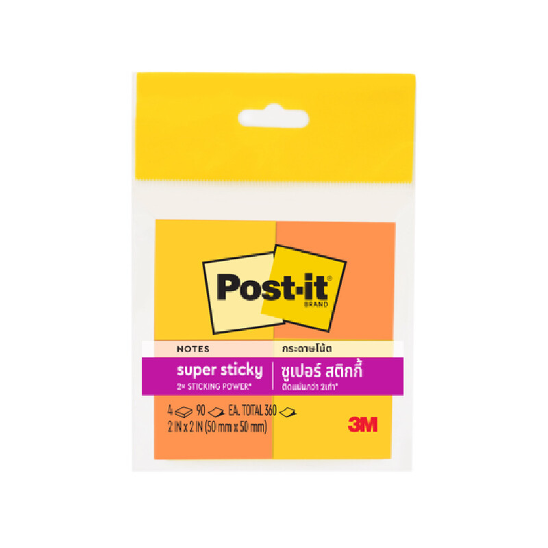 POST-IT กระดาษโน้ต ซูเปอร์สติกกี้โน้ต รุ่น 622-4SSASST คละสี ขนาด 2×2″ (แพ็ค 4 เล่ม)