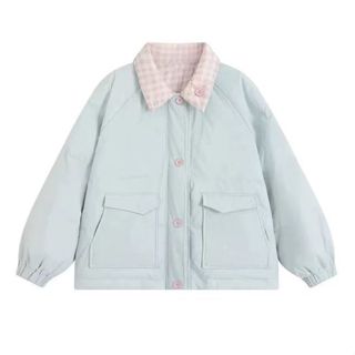 แจ็คเก็ตผ้าฝ้ายสีฟ้าและชมพู ลายสก๊อตแบบเกาหลี สีบล็อกหลากสี …