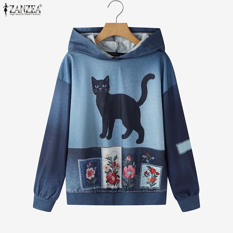 ZANZEA เสื้อสเวตเตอร์แขนยาวสไตล์ย้อนยุคพิมพ์ลายแมว สไตล์เกาหลีสำหรับผู้หญิง