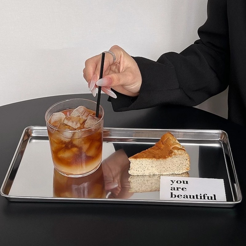 SUNNY ถาดสเตนเลส ins ทรงสี่เหลี่ยม ถาดขนม ถาด จาน ถาดหลุมสแตนเลส สําหรับใส่ขนมหวาน เค้ก คาเฟ่ - รูปที่ 2
