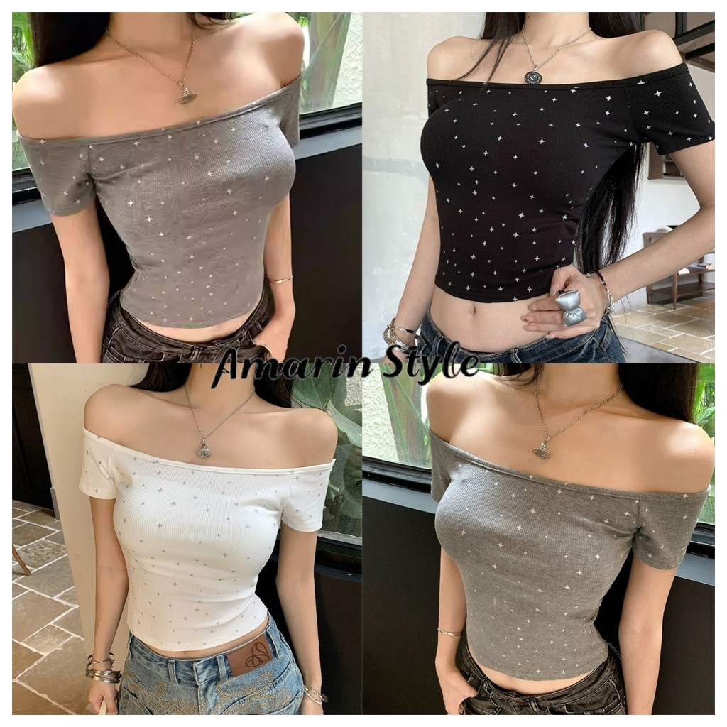 Amarin🌸พร้อมส่ง🌸 เสื้อแขนสั้น เปิดไหล่ สีพื้น สไตล์หวานเซ็กซี่ ใส่สบาย ไซส์พอดีตัว FYB24