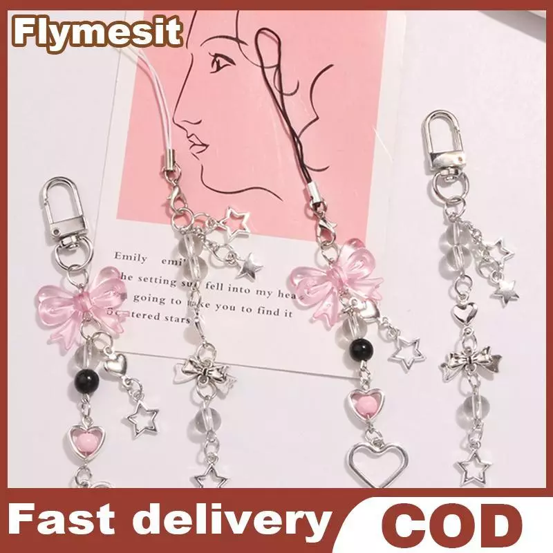 Flymesit Goth Y2K โทรศัพท์ Charm Bow Heart Star พวงกุญแจจี้กระเป๋าโทรศัพท์น่ารักอุปกรณ์เสริมสําหรับสาวผู้หญิงเครื่องประดับ EN