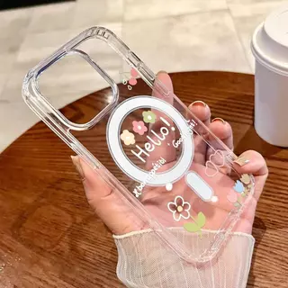 เคสโทรศัพท์แบบใสแม่เหล็กสำหรับ iPhone 17 11 12 13 14 Plus 15 Pro Max เคสลายดอกไม้กันกระแทกซิลิโคนฝาหลังแข็ง