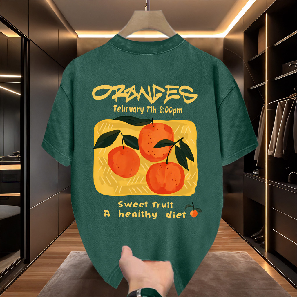 Sea.Tee [COD] เสื้อยืด เสื้อยืดฟอก oversize cotton100%  คอกลม แขนสั้น พิมพ์ลาย 'Orange' สไตล์ลำลอง ใส่สบาย - รูปที่ 5